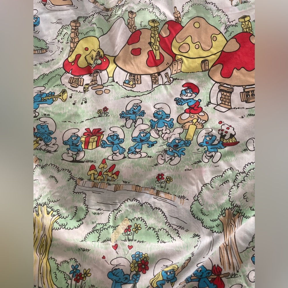 Vintage 1980s Smurfs Cartoon Print Fitted Sheet